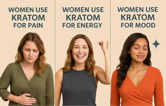 3 women demonstrating the top 3 reason women use kratom. kratom for pain relief. kratom for energy. Kratom for mood support