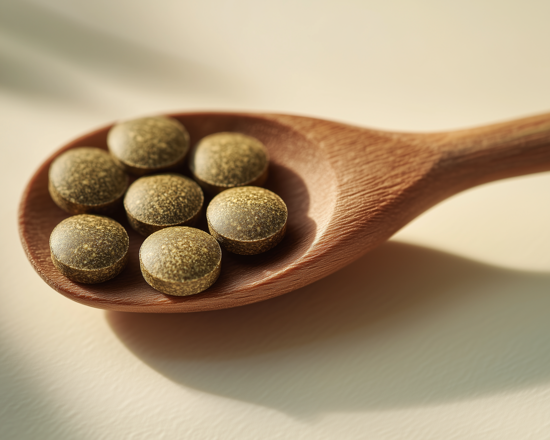 7 SheLeaf Kratom Tablets in a wooden spoon.  What is the right dose of you? Finding  your sweet spot. Personalized dosing