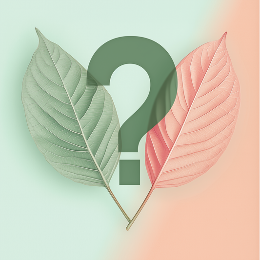 A green kratom leaf to the left and a peach kratom leaf to the right with a question mark in the middle
